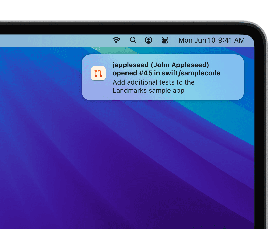 Screenshot of a Pullroma notification announcing a new pull request in the swift/samplecode reposittory opened by John Appleseed with the description "Add additional tests to the Landmarks sample app"